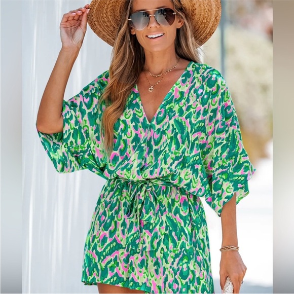 Cupshe Pants - Cupshe Green and Pink Jumpsuit with Balloon Sleeves